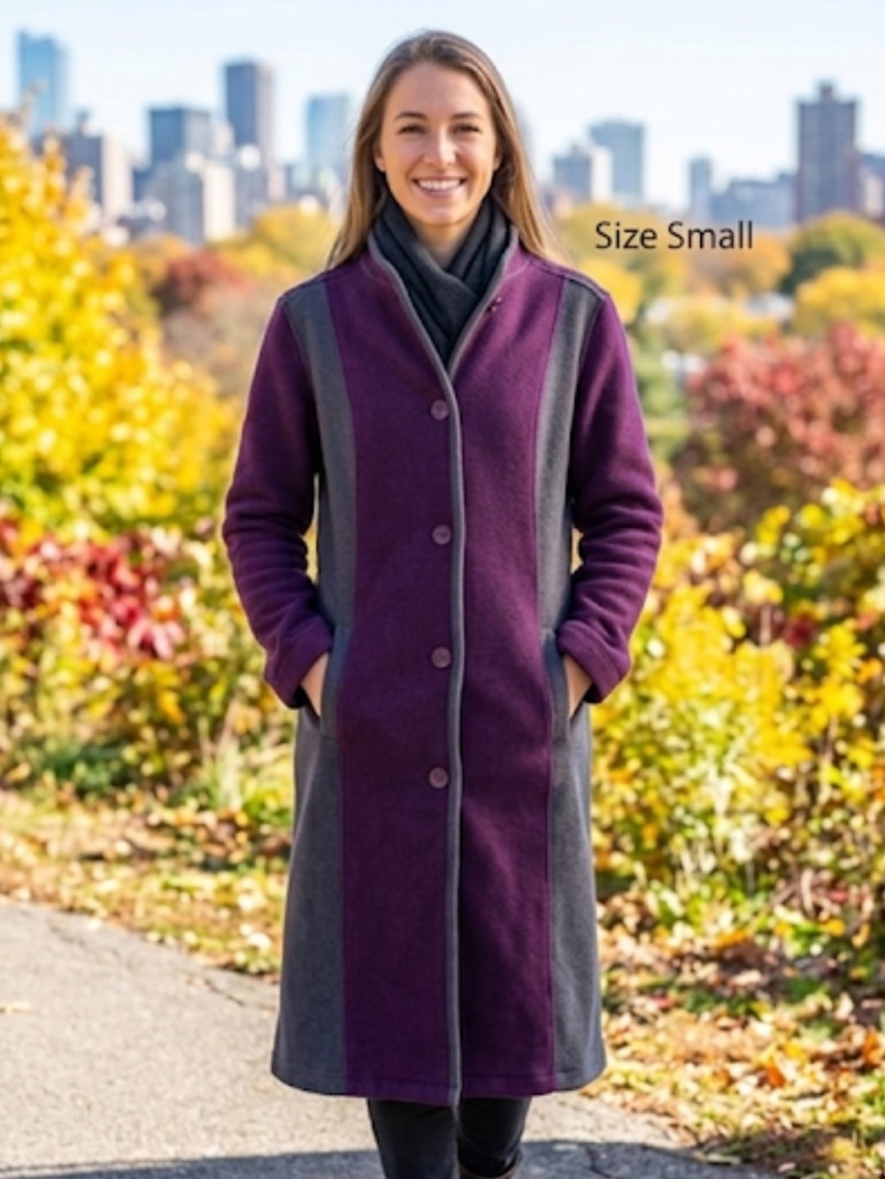 Susan Graver Fleece Purple Gray Long Button Up Color Block Trench Coat Small